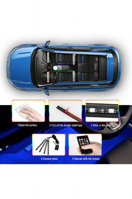 Kit LED Voiture – Couleurs, Télécommande & Rythme Musique
